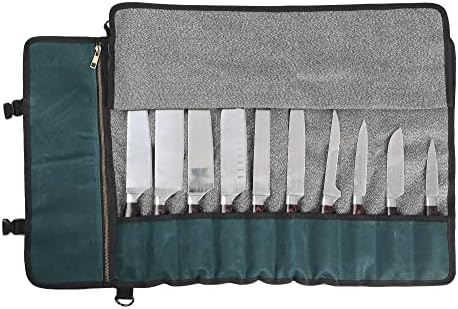 Denifiter Professional Chef's Knife Bag with Anti Cutting Fabric Inside, Heavy Duty 16oz Waxed Canvas Knife Roll, 11 Slots & Durable Handle Adjustable Shoulder Strap (Dark Green) by Denifiter