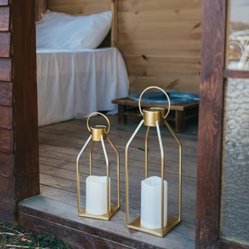 HPC Decor Modern Farmhouse Lantern Decor- Gold Metal Candle Lanterns for Christmas- Lanterns Decorative w/Timer Flickering Candles for Living Room, Home, Indoor, Outdoor, Table,Fireplace Mantle Decor - Image 3