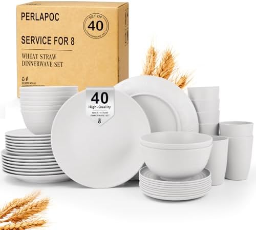 40 PCS Wheat Straw Dinnerware Sets, Service for 8 - Dinner Plates, Cereal Bowls, Drinking Glasses, Unbreakable Plastic Plates and Bowls Sets, Dishwasher and Microwave Safe for Kitchen - White by Perlapoc