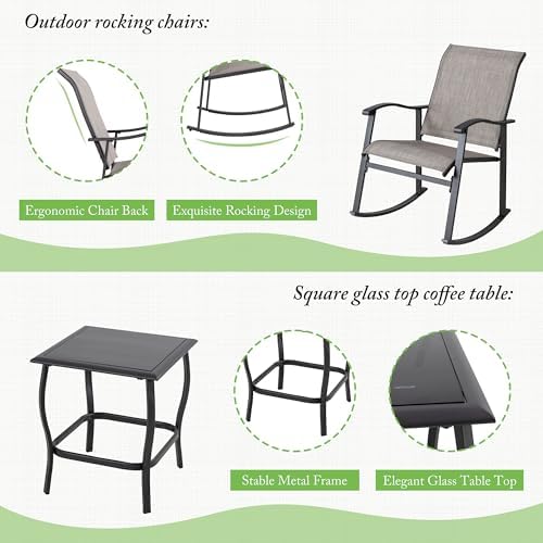 Shintenchi 3 Piece Rocking Bistro Set, Outdoor Furniture with Rocker Chairs and Glass Coffee Table Balcony, Porch Furniture for Small Space, Gray - Image 3