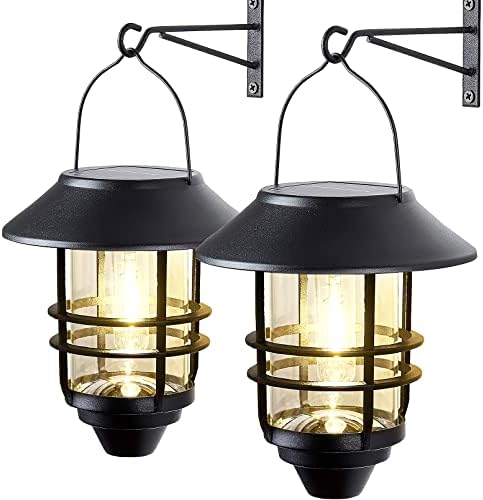 2 Pack Solar Lanterns Outdoor, Hanging Solar Lights for Outside Glass Metal with Wall Mount Bracket,Waterproof Auto Dusk to Dawn Garden Lantern for Fence Porch Decor- Warm White by DERAYSIONSolarLighting