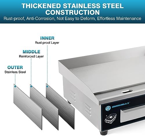 IRONWALLS Commercial Griddle Electric 22”, 3000W Electric Flat Top Grill, Stainless Steel Countertop Electric Griddle Nonstick with 122~572℉Adjustable Temperature Control for Restaurant Kitchen - Image 5