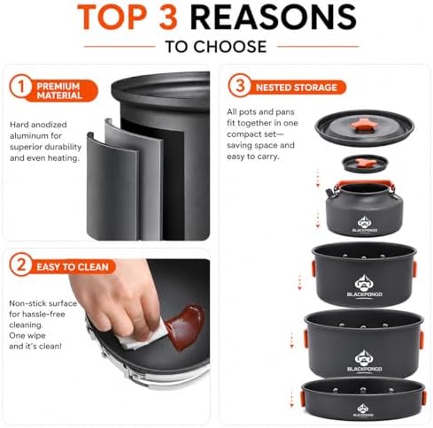 Camping Cookware Set, 15-Piece Camping Pots and Pans Set with Kettle, Frying Pan, Bowls & Plates, Lightweight Backpacking Mess Kit for Camping, Hiking, Picnic, RV Travel - Image 2