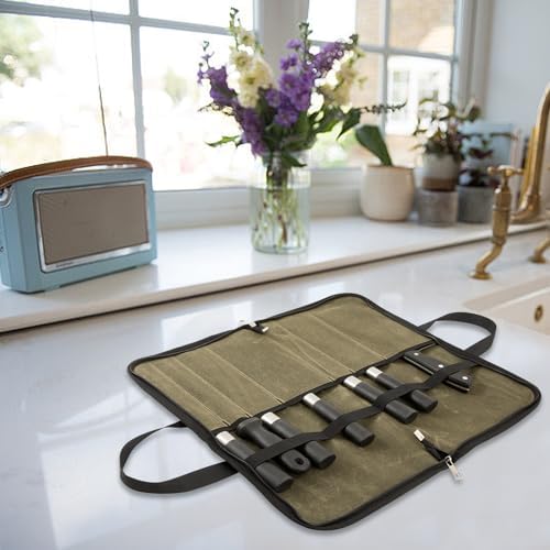 7 Slots Chefs Knife Roll Bag Cutlery Storage Case Men Army Green - Image 5