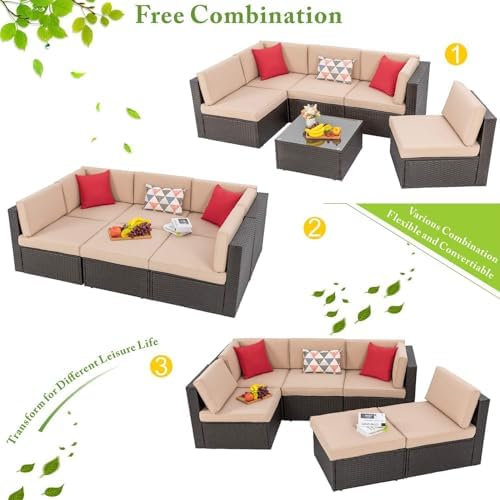 Vongrasig 7 Piece Patio Furniture Set with Propane Fire Pit, Outdoor Conversation Sets Wicker Rattan Sectional Sofa with Coffee Table, 43” Propane Gas Firepit Table with Lid, Beige - Image 6