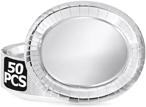 50 Pack Silver Foil Paper Plates, 12.2" X 10.2" Disposable Party Plates by QZYL