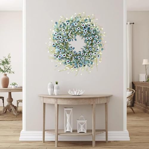 Sggvecsy Blue Daisy Wreath 24 Inch Spring Summer Fake Silk Floral Wreath with Green Eucalyptus Leaves and Lavender for Front Door Window Wall Wedding Farmhouse Festival Decor - Image 6