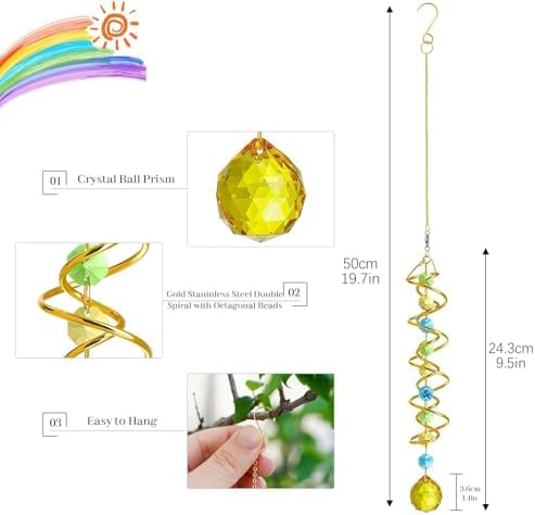 20.5in Yellow Crystal Gazing Ball Spiral Wind Spinner Suncatcher Decor - Image 3