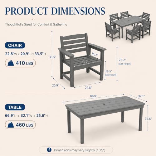 7-Piece Two-Tone Gray Patio Dining Table Sets, All-Weather HDPE Outdoor Furniture Set with Umbrella Hole, Light Gray Rectangular Table and 6 Dark Gray Chairs for Backyard Deck Garden - Image 3