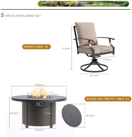 5 Piece Metal Outdoor Patio Furniture Set with 48"/55000 BTU Round Fire Pit Table,Outdoor Dining Table Set 4 Swivel Chairs No-Slip Cushions and Waterproof Covers,Sand - Image 6