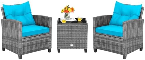 Tangkula 3 Pieces Patio Furniture Set, Outdoor PE Rattan Conversation Chair Set with Tempered Glass Side Table and Removable Cushions, PE Wicker Chairs and Table Set for Porch, Balcony and Garden by TANGKULA