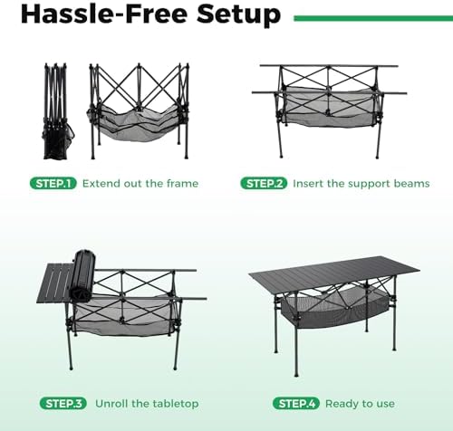 GIANTEX Folding Camping Table, Portable Picnic Table w/Aluminum Roll-up Tabletop & Mesh Basket, Outdoor Lightweight Table w/Carrying Bag for Backyard, Beach, Fishing, BBQ, Patio (47"x22"x27",Black) - Image 4