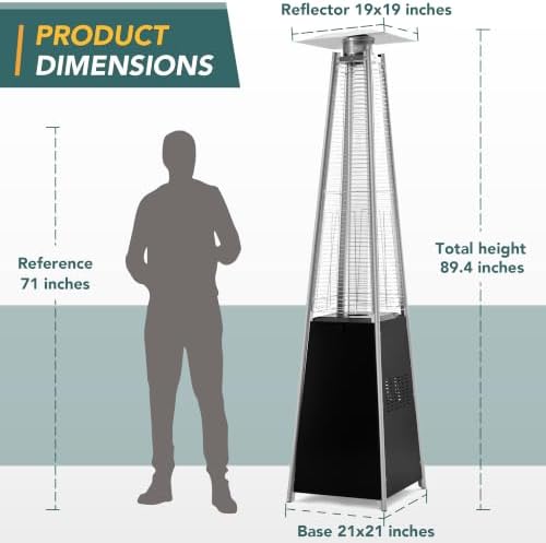 Pamapic 89" Pyramid Patio Heater Outdoor, Propane Flame Tower with Quartz Glass Tube, Outdoor Heaters with Wheels & Cover for Deck, Porch, Backyard, Garden, Black - Image 6