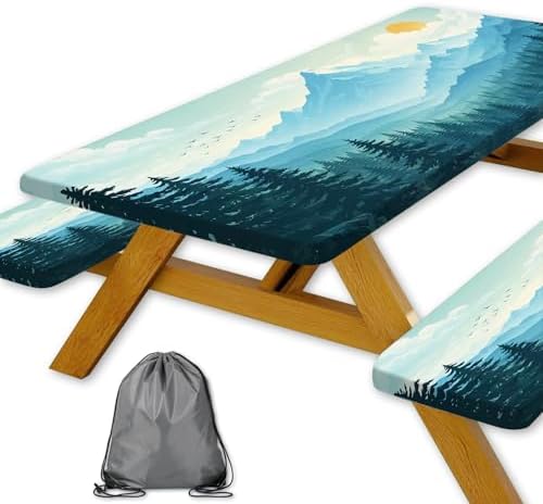 Picnic Table Cover with Bench Covers and Bag, Forest Mountain Sunset Camping Tablecloth, Waterproof Windproof Oilproof Elastic Edges Fitted Tables Cover for Indoor Outdoor 3PCS 30x96 Inch (Green) by Xguatan