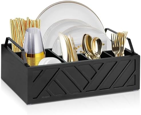 Ukonvi Paper Plate Dispenser and Holder for Kitchen Counter, Wood Rustic Silverware Utensil Caddy, Cutlery Flatware Organizer Box for Cups Spoons Forks Napkins, Kitchen Accessories by Ukonvi
