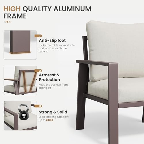 5-Piece Aluminum Patio Conversation Sets All-Weather Outdoor Furniture Sectional Sofa Modular Patio Set with 4'' Cushion Removable Covers for Porch Poolside Deck Balcony Yard - Image 5