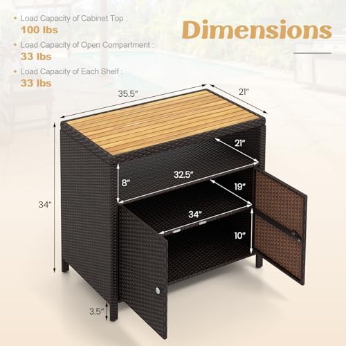 Tangkula Rattan Outdoor Storage Cabinet, Patiojoy Outdoor Cabinet with Acacia Wood Countertop, Open Compartment, 2-Door Wicker Sideboard, Outdoor Bar for Patio Garden Backyard Poolside (Mix Brown) - Image 3