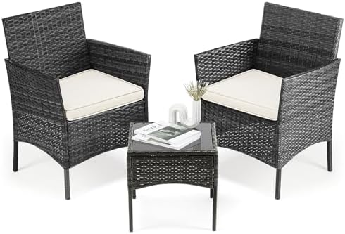 DUMOS 3 Piece Patio Furniture Set, Outdoor Wicker Bistro Set, Black by DumosLifestyle