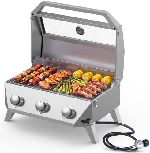 Bestfire 3-Burner Tabletop Propane Gas Grill, 30,000 BTU Portable Propane BBQ Grill with Viewing Glass Lid & Thermometer, Stainless Steel Outdoor Cooking Grill for Camping, RV, Patio and Tailgating - Image 2