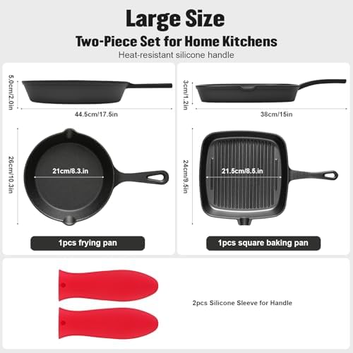 Pre-Seasoned Cast Iron skillets,2 Piece Durable Pots and Pans Set with Handle Covers for Grill, BBQ, Camping Fire, Stovetop, Kitchen and Camping Cookware - Image 2