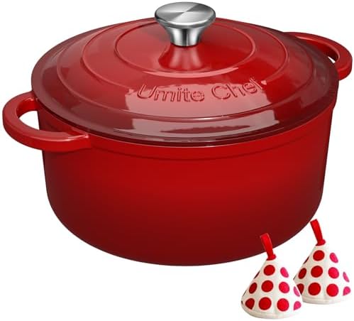 Umite Chef 7QT Enameled Cast Iron Dutch Oven with Lid & Cotton Potholders–Heavy-Duty Cookware for Bread Baking, Braising, Stews, Marinate, Cook(Red) by UmiteChef
