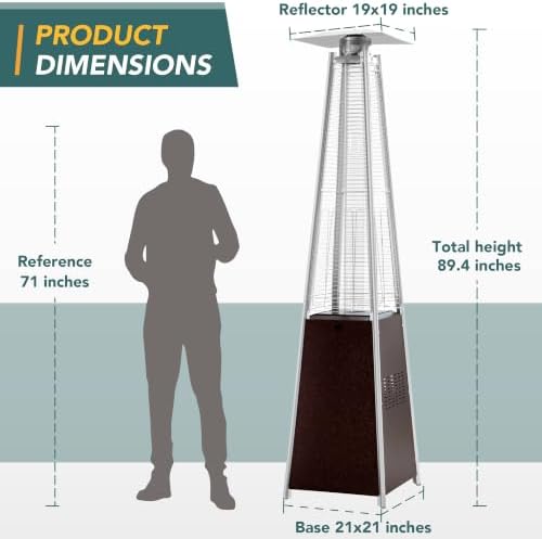 Pamapic 89" Pyramid Patio Heater Outdoor, Propane Flame Tower with Quartz Glass Tube, Outdoor Heaters with Wheels & Cover for Deck, Porch, Backyard, Garden, Hammered Bronze - Image 6