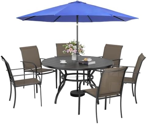 Incbruce 8 PCS Patio Dining Set with Dark Blue Umbrella, Outdoor Dining Set of 6 Textilene Chairs and 53" Round Table with Umbrella Hole for Backyard, Garden, and Poolside (Brown) by Incbruce