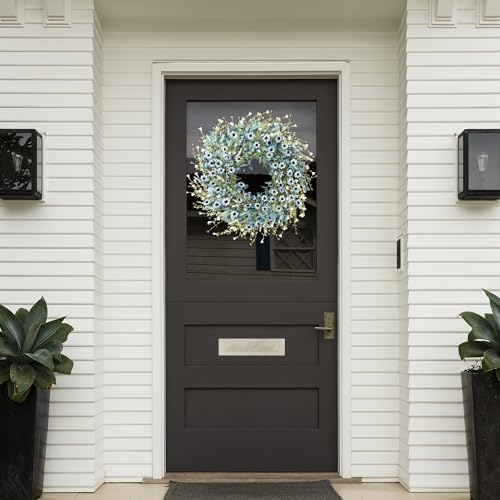 Sggvecsy Blue Daisy Wreath 24 Inch Spring Summer Fake Silk Floral Wreath with Green Eucalyptus Leaves and Lavender for Front Door Window Wall Wedding Farmhouse Festival Decor - Image 3