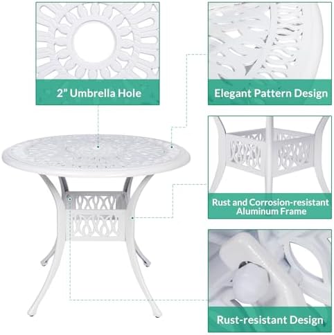 VIVIJASON 5-Piece Outdoor Patio Furniture Dining Set, All-Weather Cast Aluminum Conversation Set, Include 4 Chairs and 38.5" Round Table w/Umbrella Hole for Balcony, Lawn, Garden, Backyard, White - Image 2