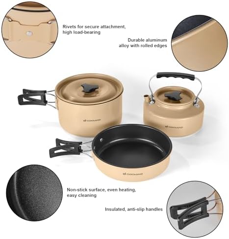 Odoland 19pcs Camping Cookware Mess Kit, Non-Stick Pot Pan Kettle Set for 2 - Image 6