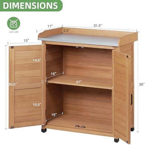 Potting Bench with Storage Cabinet and Metal Table Top for Outdoor Patio, Garden Furniture Wood Workstation (Light Brown, 31.5x17x39) - Image 3