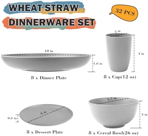 Wheat Straw Dinnerware Sets, Plates and Bowls Sets, 32 PCS Dinnerware Sets Service for 8, Unbreakable Reusable Plates Set, Outdoor Kitchen and Apartment Dinning Essentials - Gray - Image 2