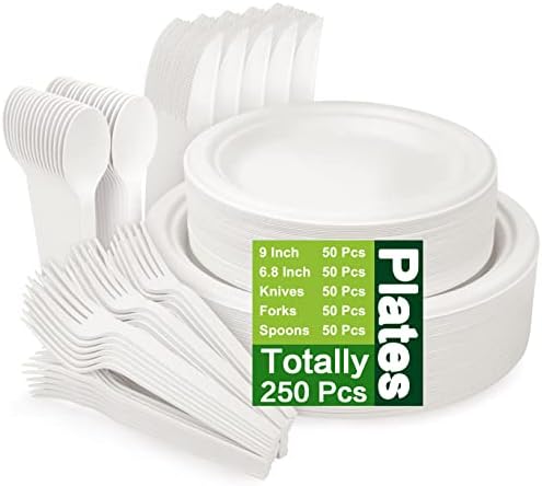 Unves 250 Pcs Compostable Paper Plates Set with Extra Long Utensils, White by Unves