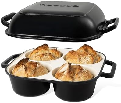 QuadPro Enamelled Cast Iron Bread Loaf Pot – Dutch Oven for Sourdough Bread Baking – 500°F Oven Safe Non Stick Bread Pot – 4 Round Loaf Spaces (4.90-inch Diameter), Black – by Nuovva by Nuovva