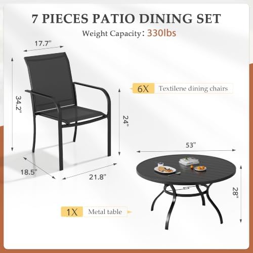 Incbruce 7 PCS Patio Dining Set, Outdoor Dining Set of 6 Textilene Chairs and 53" Round Table with Umbrella Hole for Backyard, Garden, and Poolside (Black) - Image 4
