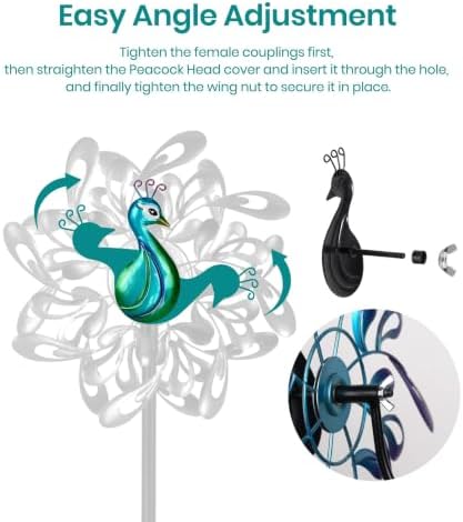 Peacock Wind Spinners Outdoor Kinetic Turquoise Green Garden Yard Art - Image 3