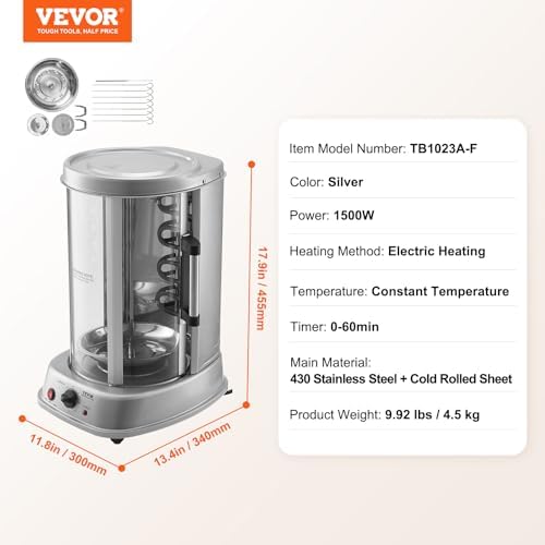 VEVOR Shawarma Grill Machine, Vertical Chicken Shawarma Cooker Machine Countertop, Electric Stainless Steel Broiler Gyro Rotisserie Oven Doner Kebab Machine, for Home Restaurant Kitchen Parties - Image 7