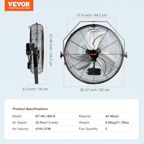VEVOR 18 Inch Industrial Wall Mount Fan 2PCS High Velocity 4000 CFM Black - Image 3