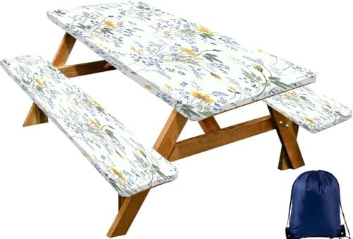 CAPSCEOLL Picnic Table Cover with Bench Covers 6ft - Blue Yellow Flowers by CAPSCEOLL