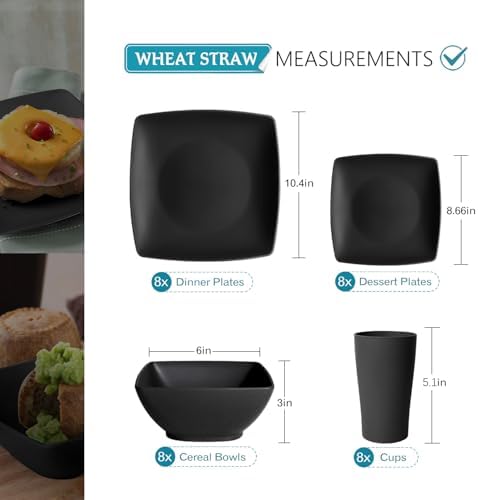 Teivio 32-piece Plastic Wheat Straw Square Dinnerware Set for 8, Unbreakable Dinner Plates, Salad Plates, Snack Bowls, Tumblers, Dishwasher Safe, Outdoor Kitchen Dinning RV Essentials Dish, Black - Image 2
