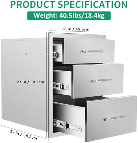Outdoor Kitchen Drawers 18" Wx 23" H x 23" D Stainless Steel Triple Drawers with Ergonomic Handle for BBQ Island, Patio Grill Station & Outdoor Kitchen Cabinets - Image 2