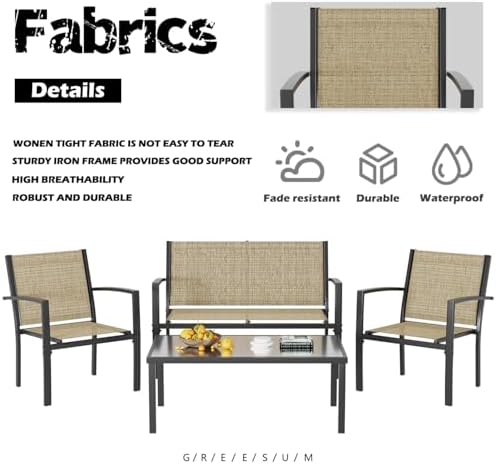 Greesum 4 Pieces Patio Furniture Set, Outdoor Conversation Sets for Patio, Lawn, Garden, Poolside with A Glass Coffee Table, Beige - Image 6