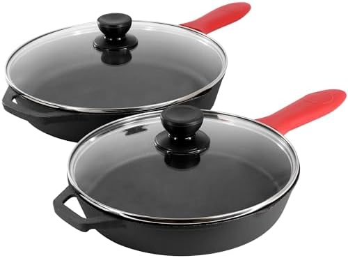 MegaChef 13 Piece Pre-Seasoned Cast Iron Skillet Set with Temperd Glass Lids and Silicone Holders - Image 3
