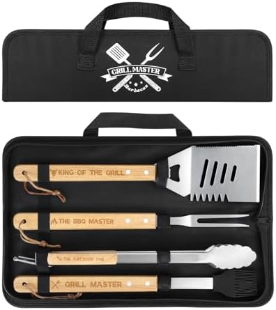 4PCS Grilling Accessories BBQ Tools - Stainless Steel Grill Set with Tongs, Fork, Spatula, Brush, Carrying Bag, Birthday for Men, Father, Husband by Coralogo