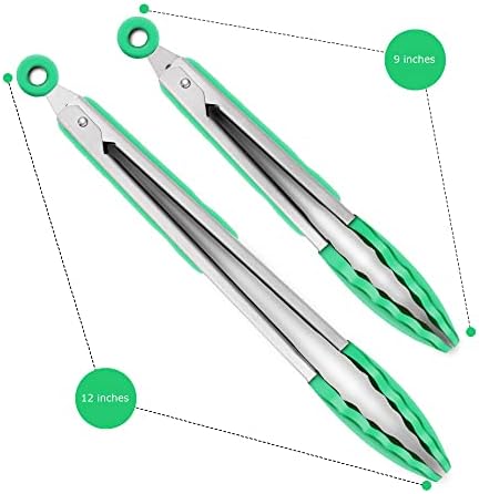 2 Pack Silicone Kitchen Tongs, 9 & 12 Inch, Stainless Steel, Dark Green - Image 4