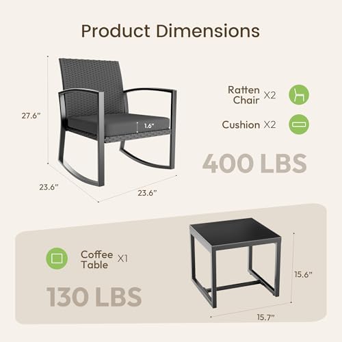 Rocking Patio Bistro Sets - All-Weather - 3 Piece Rattan Conversation Furniture Set, Wicker Outdoor Front Porch Chair for Balcony, Porch, Garden, Backyard, Poolside,Medium Gray - Image 6