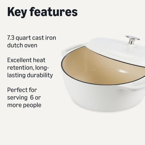Amazon Basics Enameled Cast Iron Dutch Oven Pot With Lid, 7.3-Quart, Round, Dual Handles, Heavy-Duty, Oven Safe for Stews, Roasting & Baking, Matte White - Image 2