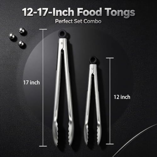 Grill Tongs, BBQ tongs - 12" & 17" Extra Long Kitchen Tong, 600 Degrees Heat Resistant Stainless Steel tong, Heavy Duty Metal Locking Tongs for Cooking, Grilling, Outdoor Barbecue, Set of 2 - Image 6