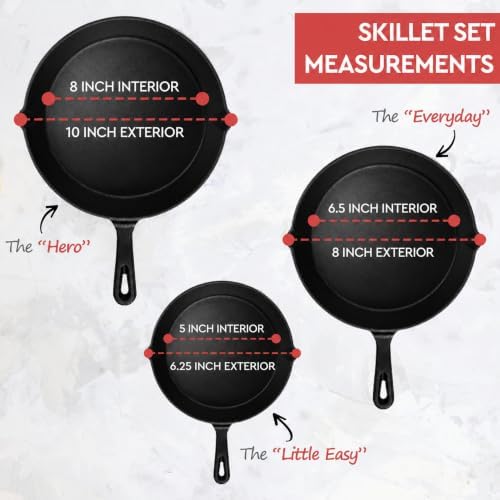 Cast Iron Skillet 3-Piece Set w/Cookbook - Heavy-Duty Professional Restaurant Chef Quality Pre-Seasoned Pan Cookware - 10", 8", 6.25" Pans - For Frying, Saute, Cooking, Pizza - Black - Image 3