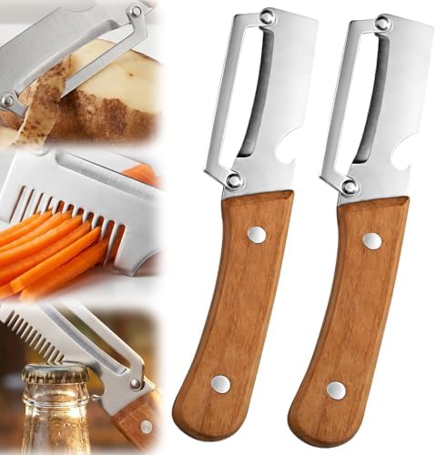 2026 Upgrade Vegetable Peeler and Julienne Peeler Set, Stainless Steel Vegetable Peelers for Kitchen with Wood Handles and Bottle Opener, 2-Pcs Multifunctional Vegetable Peeler Set by Buyitnow